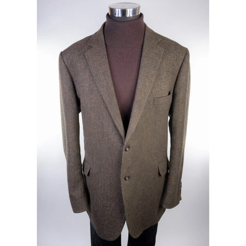 Tailorbyrd Fabric By MOON Herringbone Olive Green Blazer 48L Two Button Jacket